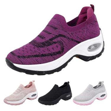 Imagem de NEJKG Tênis feminino com plataforma ortopédica de malha de malha com suporte de arco, leve, respirável, antiderrapante, para treino, corrida, trabalho, mocassim, Roxa, 34
