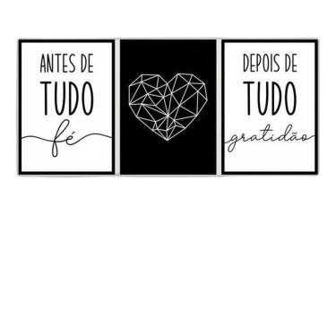 Imagem de Kit 3 Quadros Fé Coração Geométrico 45X34Cm Com Vidro Preta