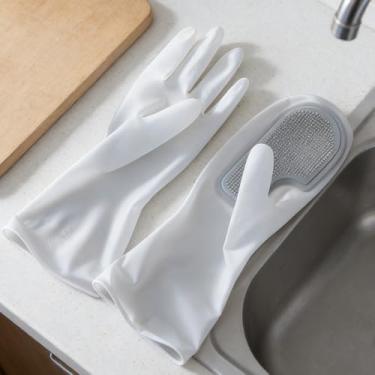 Imagem de Luvas de borracha coloridas reutilizáveis para lavar louças para limpeza de pratos de tigelas, luvas de cozinha antiderrapantes à prova d'água com escova para jardinagem, lavanderia, limpeza, trabalho