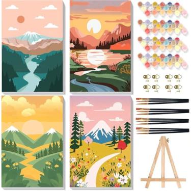 Imagem de xackcme Pacote com 4 tintas por números para adultos com tela emoldurada - com cavalete de madeira, pintura de paisagem por número para iniciantes, kits de pintura a óleo acrílica fácil com pincéis