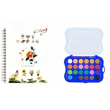 Imagem de Livro de exercícios em aquarela, conjunto de 24 cores de tinta para livros de aquarela, livro de colorir de água, conjunto de tinta para adultos, livro de aquarela, com tinta e caneta (flores - 24