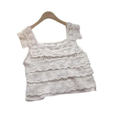 Imagem de Blusa Feminina Cropped De Crochê Com Babados Em Camadas E Manga Franzi