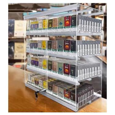 Imagem de Rack de exibição de cigarro de acrílico com porta deslizante | Rack de armazenamento de varejo de várias camadas para loja de conveniência e supermercado | Organizador de prateleira de acrílico