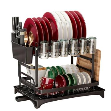 Imagem de Escorredor de Louça Aço Carbono Inoxidável com Porta Pratos Talheres Copos e Bandeja de Drenagem, Dois Andares (Preto)