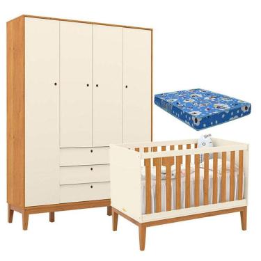 Imagem de Berço Americano E Guarda Roupa Unique 4 Portas Off White Freijó Eco Wood Com Colchão Ortobom