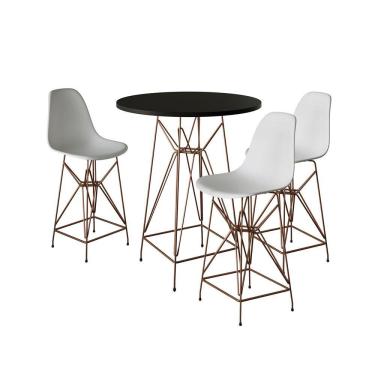 Imagem de Jogo Mesa Bistrô Eames Preta 60Cm 3 Banquetas Branca Base Ferro Cobre - Cor: Preto