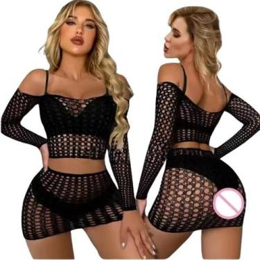 Imagem de Conjunto Sexy Feminino Arrastão com Brilho Pedraria Body e Saia Moda B