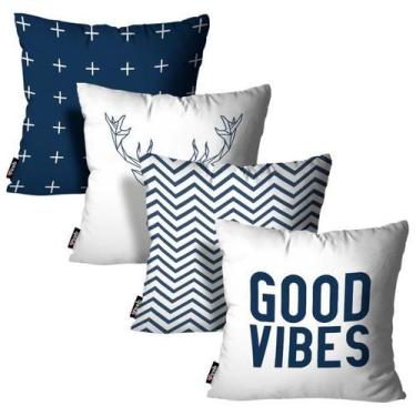 Imagem de Kit 4 Capas de Almofadas Good Vibes Branco e Azul 45x45 - Mdecore