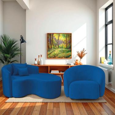 Imagem de Kit Recamier Curvo Sala De Estar Inglaterra 150cm Lado Direito E Poltrona Orgânica Luxo Amore Linho Azul Royal