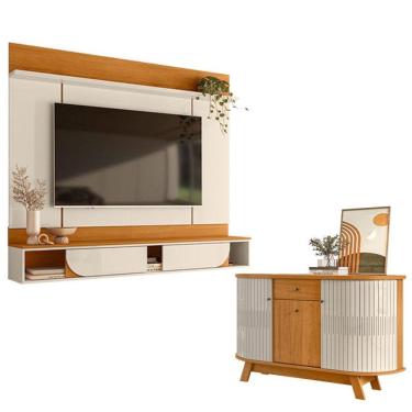 Imagem de Painel Para Tv Aura Com Aparador Para Sala Buffet Monza Cinamomo Off White - Madetec