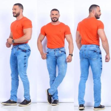Imagem de Calça jeans skinny masculino adulto com lavagem clara tamanho 42 algod