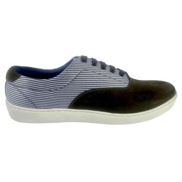 Imagem de Sapatenis de Tecido Listrado Azul e Branco e Couro Nobuck Marrom - The