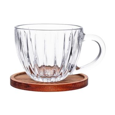 Imagem de Xícara de Café com Pires Montecarlo 80ML Cristal e Madeira Acácia Empilhável para Bebid...