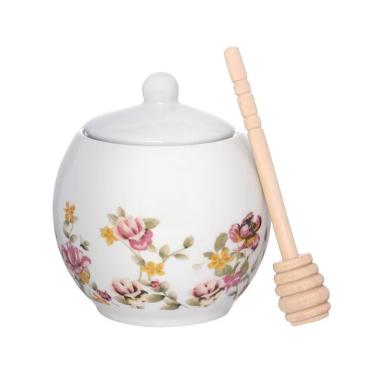 Imagem de Meleira em Porcelana Le Jardin 350ML com Colher Estampa Floral para Mesa Branco Hauskraft