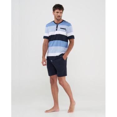 Imagem de Pijama Masculino Manga Curta Listrado com Gola Azul Marinho Lohe, Azul
