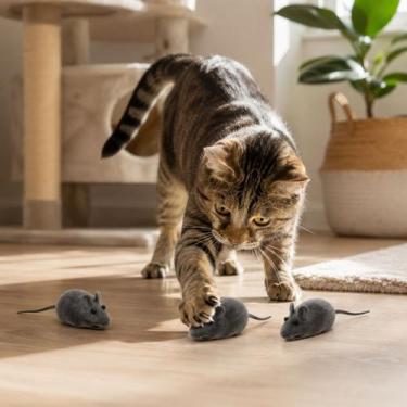Imagem de Brinquedo Gato 4 Ratinho Vinil Cinza Rato Macio Atrativo Pet - Tex