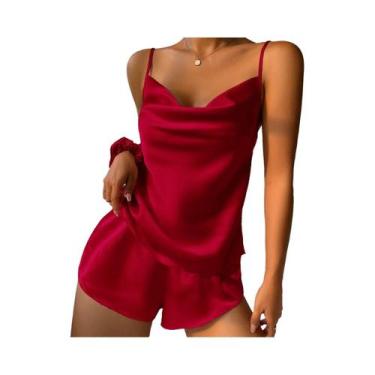 Imagem de Conjunto De Pijama Feminino Em Cetim Liso Com Top Cami Decote V E Shor