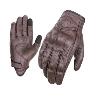 Imagem de Luvas De Couro Genuíno Marrom Retrô Para Motocicleta, Perfuradas, Com 