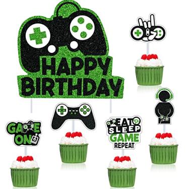 Imagem de 31 peças de topos de bolo de feliz aniversário para jogos de vídeo game decorações de bolo, palhetas de Playstation, banner de festa de aniversário, controle de jogos, cenário de jogos para crianças, jogos temáticos de aniversário