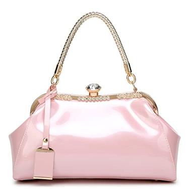 Imagem de ROUROU Bolsa feminina de couro envernizado brilhante com alça superior, bolsa de ombro noturna, bolsa de casamento, bolsa retrô, rosa, Large