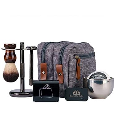 Imagem de Grandslam Kit de barbear para homens, barbeador de segurança com 10 lâminas, escova de barbear, suporte e creme de sabão, tigela de aço inoxidável, kit de dopp de lona e couro, conjunto de presente