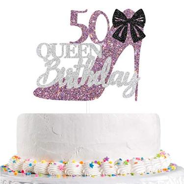 Imagem de Topo de bolo Glitter Queen 50º aniversário para festa de cinquenta anos - roxo misto, preto, prata