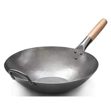 Imagem de Craft Wok Wok Pow Wok de aço carbono martelado à mão com cabo auxiliar de madeira e aço (35 cm, fundo plano) / 731W316