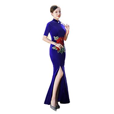 Imagem de Yajun Vestidos Cheongsam Velour Feminino Chinês Slim Fit Longo Qipao Vintage Stretch Plus Size Vestidos Divididos Verão Uso Diário, Azul, P (Peito: 83cm)
