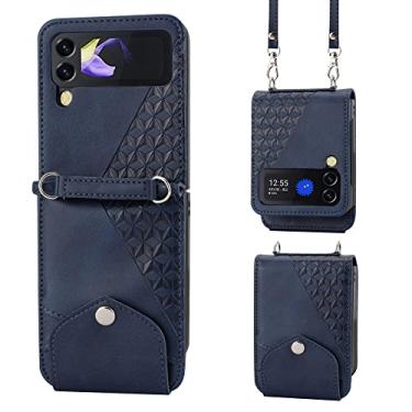 Imagem de Estojo de couro com slot para cartões de cordão para Samsung Galaxy Z Flip 4 3 Flip3 5G Capa anti-riscos à prova de choque para telefone, azul, para Samsung Z flip4