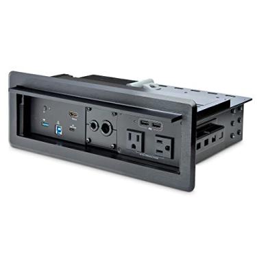 Imagem de Estação de ancoragem para sala de conferência StarTech.com com alimentação/carregamento; Caixa de conectividade de mesa, dock universal USB-C para laptop, PD de 60 W, 4K HDMI, hub USB, áudio, 2 tomadas CA, 2 portas de carregamento USB (KITBXDOCKPNA)