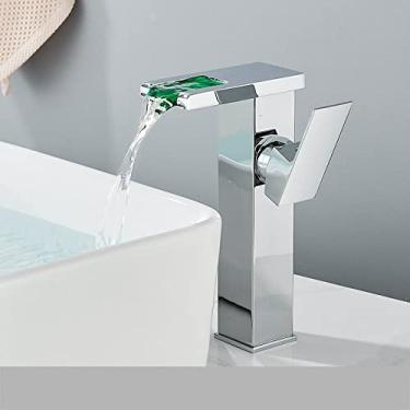 Imagem de Torneira de banheiro com cascata de LED preta, torneiras misturadoras de água quente e fria montadas no convés, mudança de cor por fluxo de água, cromado B