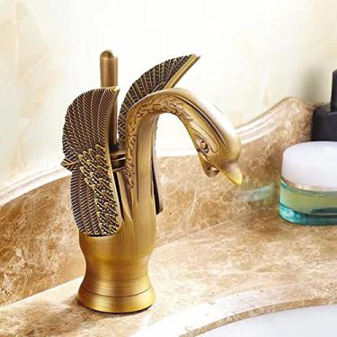 Imagem de Torneira de banheiro Torneira de lavatório Vintage Full Copper Água quente e fria em forma de cisne Manípulo único Torneira de banheiro preto, bronze anão