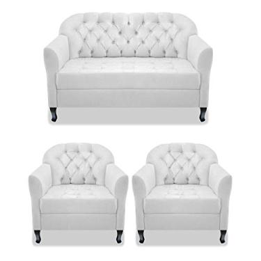 Imagem de Kit Namoradeira Recamier Sofá mais 02 Poltrona Julia Pés Luís Xv Com Botonê Quarto Sala de Estar Recepção Corano Branco - AM Decor