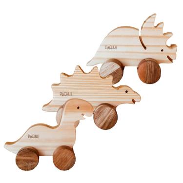 Imagem de Kit 3 Brinquedos Carrinho de Madeira Dinossauros madeira