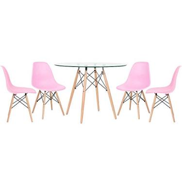 Imagem de Loft7, Mesa redonda Eames com tampo de vidro 100 cm + 4 cadeiras Eiffel DSW Rosa claro