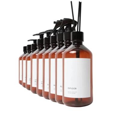 Imagem de Kit Casa Nova Minimal Frasco Âmbar Plástico Shampoo Detergente Amaciante Nicho Prático