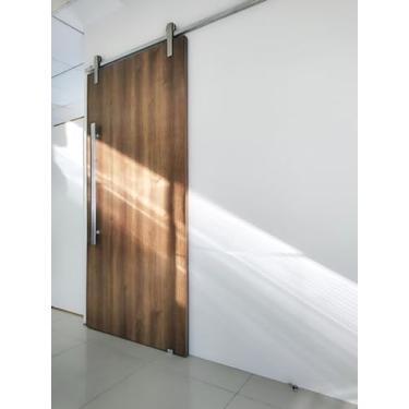 Imagem de Porta De Madeira + Kit De Correr 2m + Puxador Flat 1m Fosco Cor:Carvalho