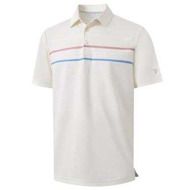 Imagem de M MAELREG Camisas polo masculinas de golfe de manga curta, modelagem regular, absorção de umidade, desempenho casual, listrada, estampada, masculina, Creme, 3G