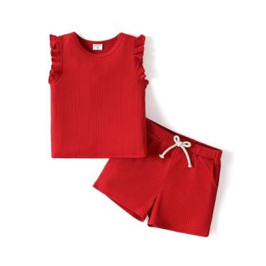 Imagem de PATPAT Conjunto de 2 peças de roupas infantis de verão com nervuras lisas de malha regata e shorts, Vermelho Vigor, 4-5 Anos