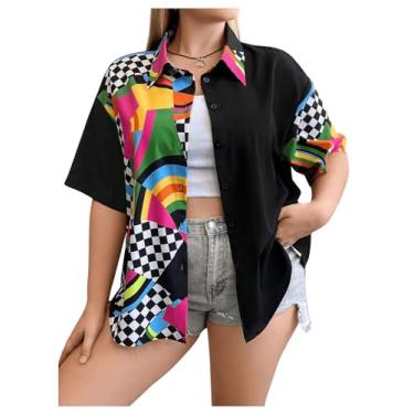 Imagem de Verdusa Blusa feminina plus size color block ombro caído botão até meia manga, Preto, G Plus Size
