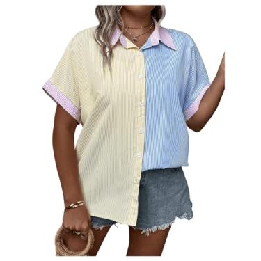 Imagem de Floerns Blusa feminina plus size listrada com botões e manga curta colorblock, Azul e amarelo, GG Plus Size