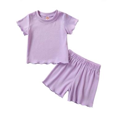 Imagem de YOUNGER TREE Conjunto de roupas infantis de manga curta de malha canelada para meninas, conjunto de roupas de verão, Roxo liso, 3-4 Anos