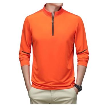 Imagem de Camisa esportiva masculina manga comprida gola alta camiseta atlética zíper frontal respirável para treino, Laranja, 3G