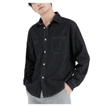 Imagem de Camisa jeans masculina, manga comprida, cor lisa, gola aberta, bainha reta, bolsos laterais, Preto, XG