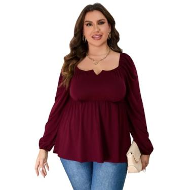 Imagem de Camisetas femininas plus size casuais gola quadrada manga bufante cintura império peplum tops plus size babydoll blusa túnica tops, Borgonha q, 5G