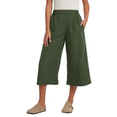 Imagem de Les umes Calça capri feminina casual de linho solta verão cintura elástica plus size calça cropped culottes de perna larga, Verde militar, XXG