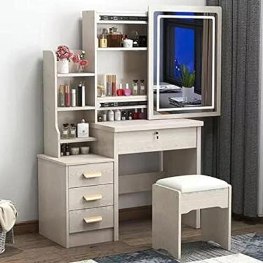 Imagem de Conjunto de mesa de toucador grande com espelho deslizante iluminado, penteadeira de maquiagem com prateleiras ocultas e banco acolchoado, conjunto de banco de mesa de toucador de 4 gavetas