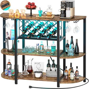 Imagem de Unikito Mesa de rack de vinho com soquete e luz LED, armário de bar de chão para bebidas e copos, mesa de café de madeira com rack de vinho ajustável, aparador independente e armário de buffet,
