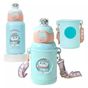 Imagem de Garrafa Térmica 500ml Escolar Infantil Criança Suco Agua Animais Inox Parede Dupla Garrafinha Com Canudo Trava Bolsa e Alça Premium STECRIS (Azul com Ursinho)