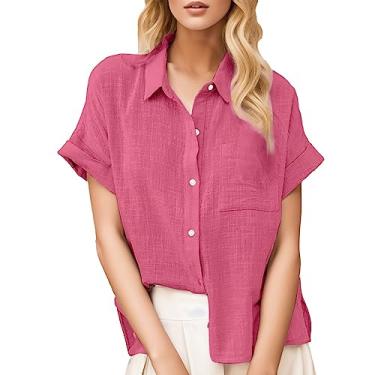 Imagem de Lainuyoah Camiseta feminina de verão 2024, blusas de linho com colarinho e botões na moda, Vermelho A, XXG